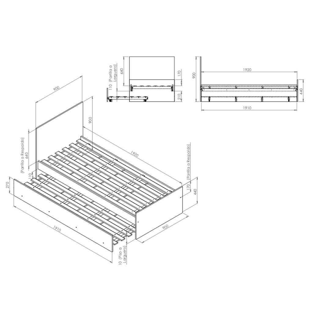 Cama 1Plaza Para Colchon 80Cm C/ Carrocama