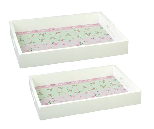 Set X 2 Bandejas Rectangulares De Madera Lisa 38X28X4/ 33X23X4.5 Cm Flores Verde Y Rosa -1-