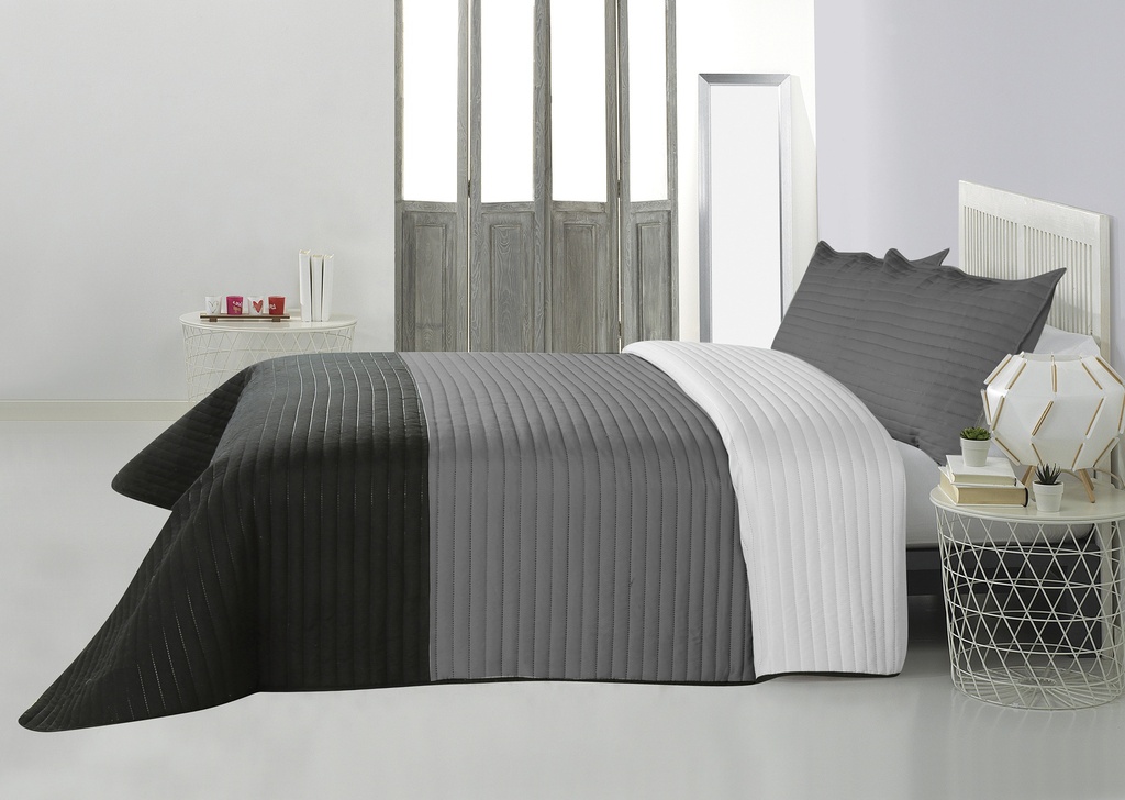 Quilt Tricolor + Fundas Queen Color Blanco/Gris/Negro