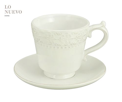 [7798293790847] Taza De Te C/ Plato Ceramica Borde Tramado Flor De Lis