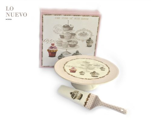 [7798293792605] Set Plato Para Torta C/Pie Y Pala Porcelana Delicious Cake Borde Puntitos 25,50X25,50X8,50Cm