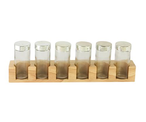[7798182168979] Set X 6 Especieros De Vidrio Con Soporte Rectangular De Bamboo 35 Cm -1-