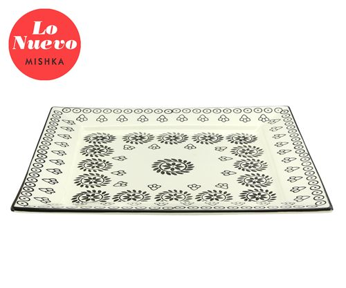 [7798293791509] Plato Cuadrado Porcelana Trama Flores Negras 26.5*26.5*3Cm