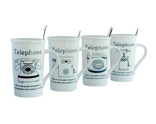 [7798293791257] Mug De Porcelana C/ Tapa Y Cuchara Acero Telefono Caja Ind 8,5X14H Cm