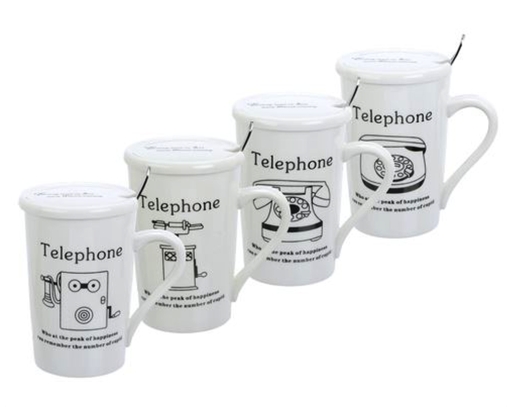 [7798293791271] Mug De Porcelana C/ Tapa Y Cuchara Acero Telefono Caja Ind 8X11,5H Cm