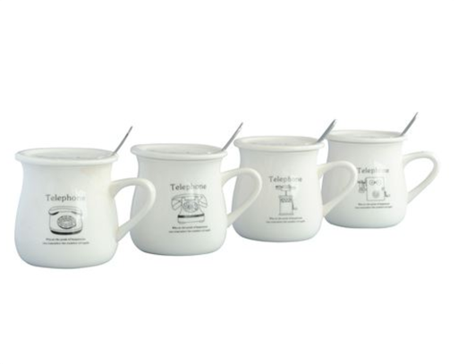 [7798293791295] Mug De Porcelana C/ Tapa Y Cuchara Acero Telefono Caja Ind 8X8,5H Cm