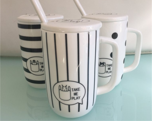 [7798293791097] Mug De Ceramica Lineas Negras/Lunares C/ Tapa Y Cuchara De Porc Caja Ind