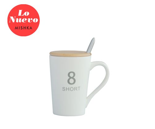 [7798293790991] Mug De Porcelana Short 8 Tapa Bamboo Y Cuchara Acero Caja Ind 7X10,5H Cm