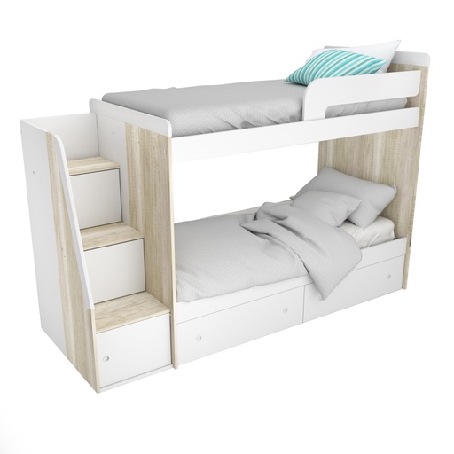 [1704-9-HEL-BLA] Cama cucheta con escalera lateral 2cajones 80x250cm hel/bla