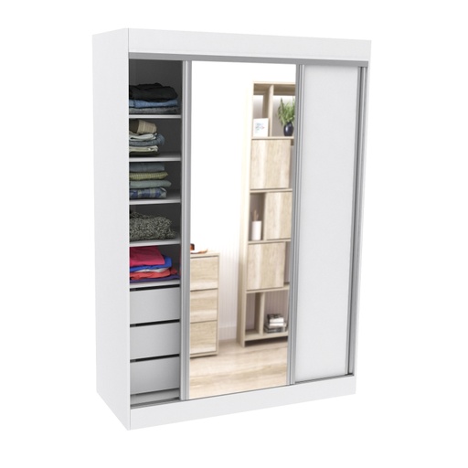 [521-BLA] Vestidor 2 Puertas 1 Puerta Con Espejo 140X200 Blanco