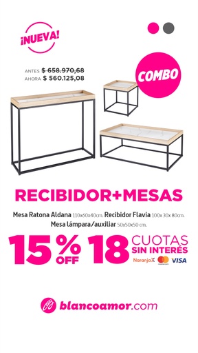 [31230] Combo Recibidor Flavia + Mesa Ratona Aldana + Lámpara Cubo