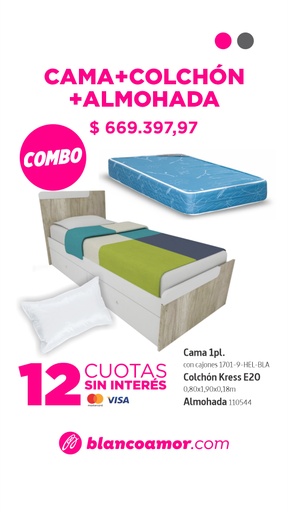[31231] Combo cama 1plaza + colchon kress E20 80cm +1almohada