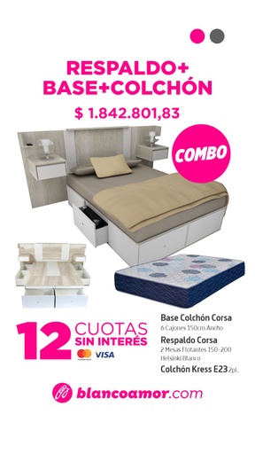 [31259] Combo Base + colchón Kress E23 1,40 + respaldo con mesas de luz flotantes