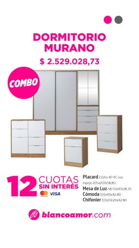 [31265] Combo Placard Murano mix con espejo + mesa de luz + cómoda + chifonier