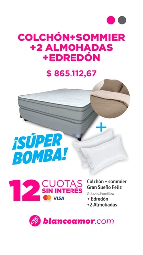 [31274] Combo Colchón Gran Sueño Feliz 1,40 + somier + 2 almohadas + edredón